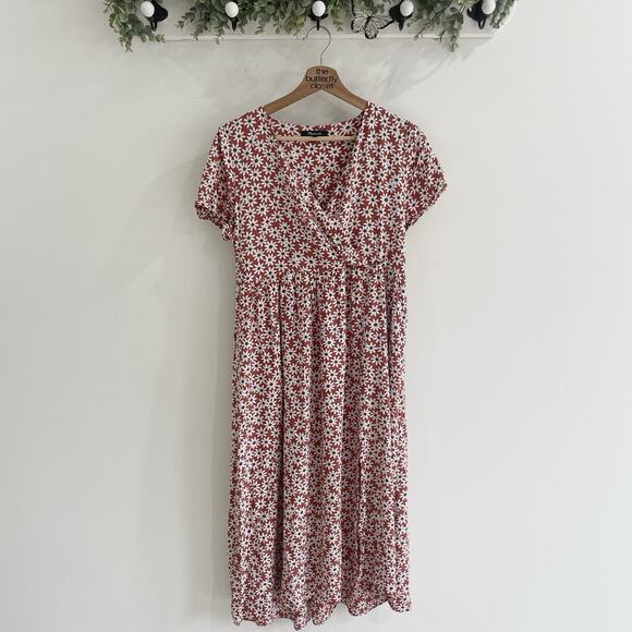 Madewell Clara Burnt Orange Falling Daisy floral faux wrap Midi sundress NA239 M - Picture 1 of 4